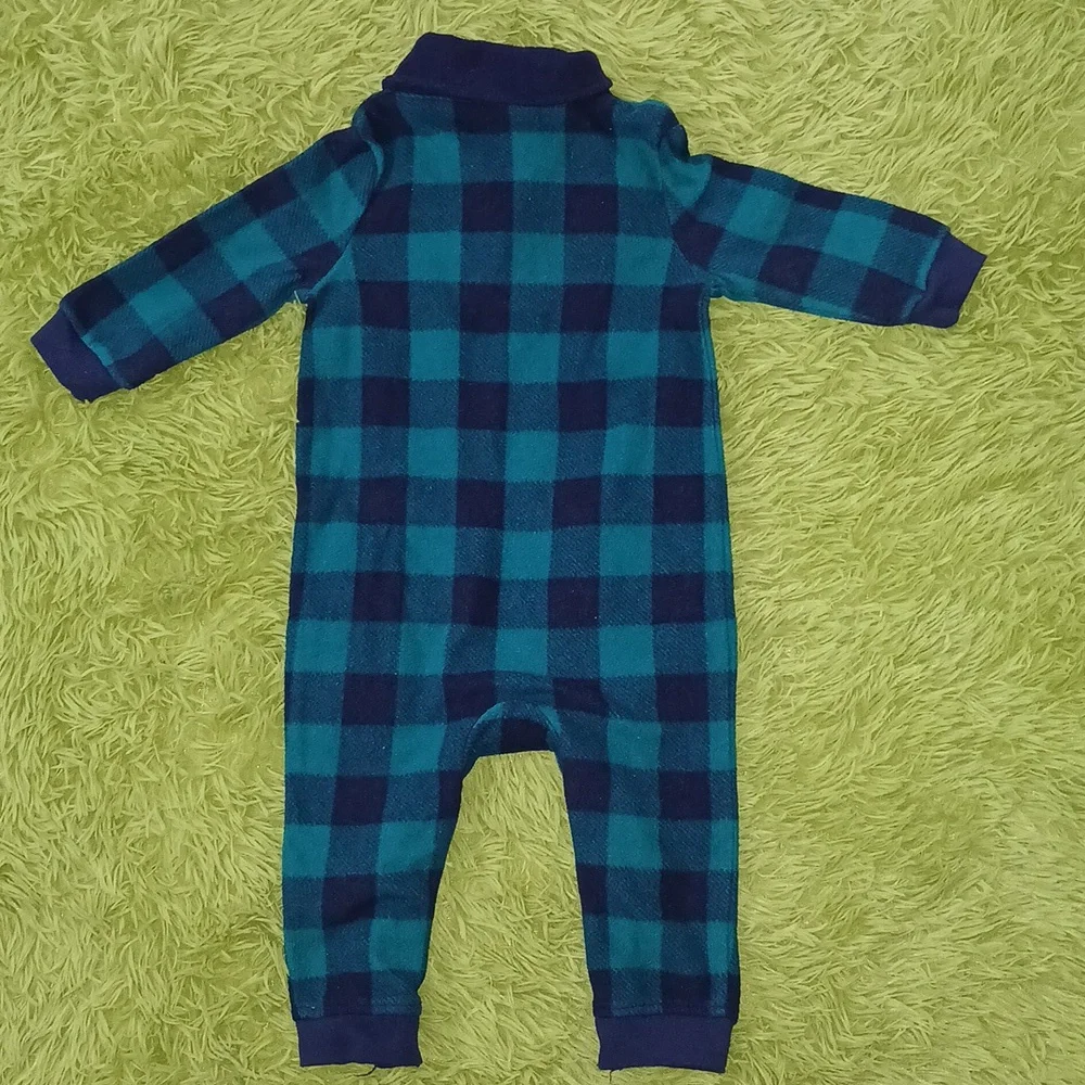 Cat & Jack Fleece Romper Size 6-9‎ Months Blue Green Plaid Shawl Collar